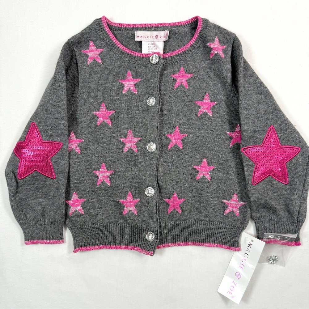 NWT‎ MAGGIE & ZOE Baby Girls’ Grey Star Printed Elbow Patch Cardigan Sweater 12M